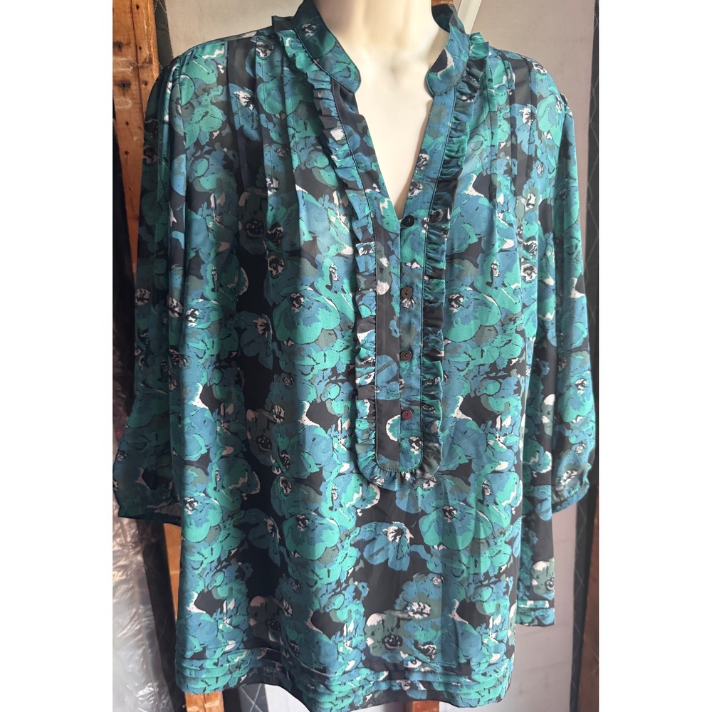 Floral Ruffle Neck Blouse Teal Blue Poppy Print 3/4 Sleeve with Camisole Liner